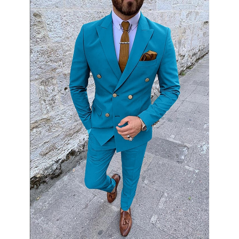 Men's Tailored Fit Double Breasted Six-buttons 2 Pieces Solid Coloured Wedding Suits