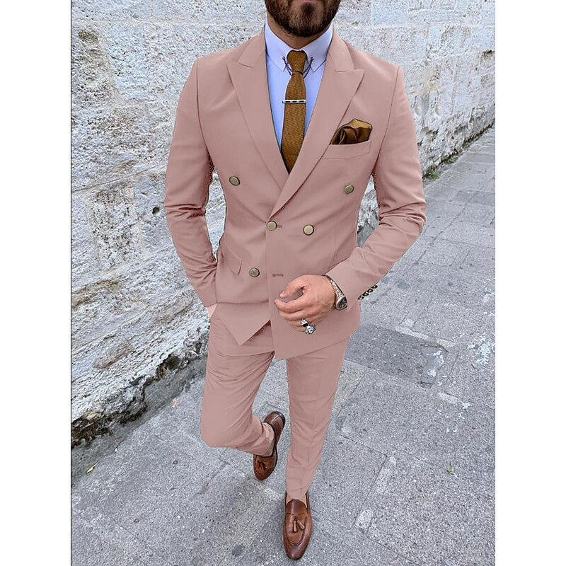 Men's Tailored Fit Double Breasted Six-buttons 2 Pieces Solid Coloured Wedding Suits