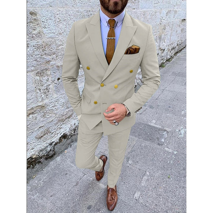 Men's Tailored Fit Double Breasted Six-buttons 2 Pieces Solid Coloured Wedding Suits