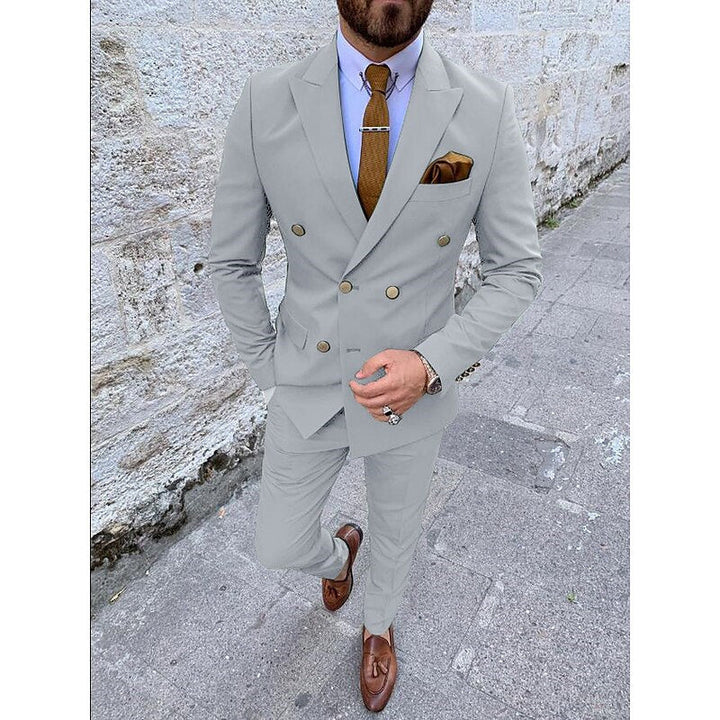 Men's Tailored Fit Double Breasted Six-buttons 2 Pieces Solid Coloured Wedding Suits