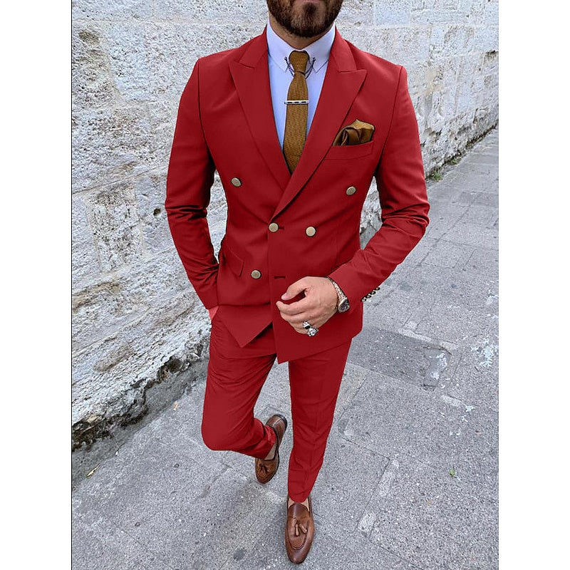 Men's Tailored Fit Double Breasted Six-buttons 2 Pieces Solid Coloured Wedding Suits