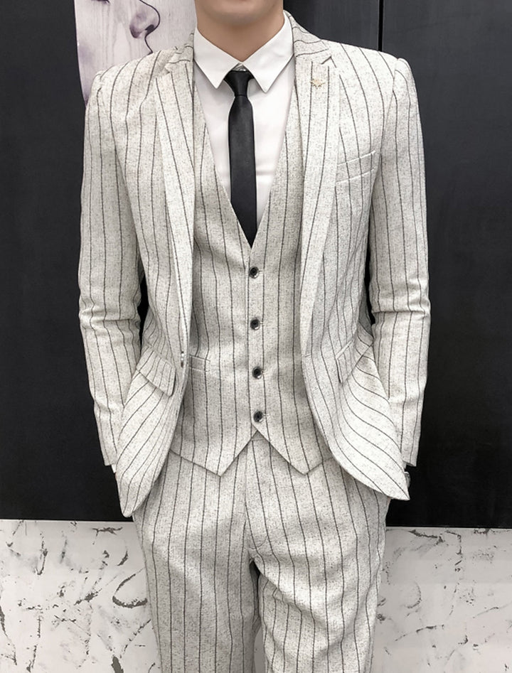 Men's Tailored Fit Single Breasted One-button 3 Pieces Black Ivory Wedding Suits