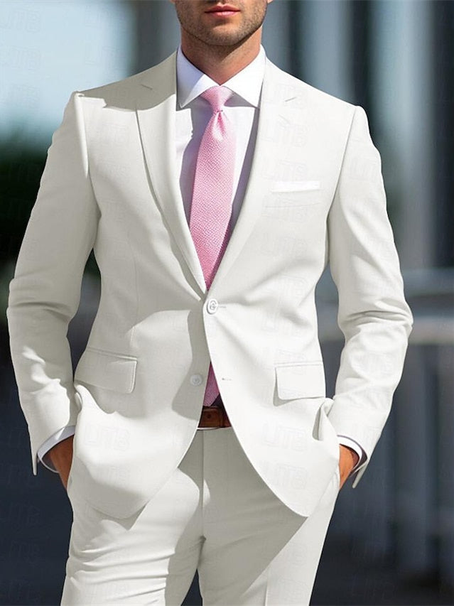 Men's Tailored Fit Single Breasted Two-buttons 2 Pieces White Pink Wedding Suits