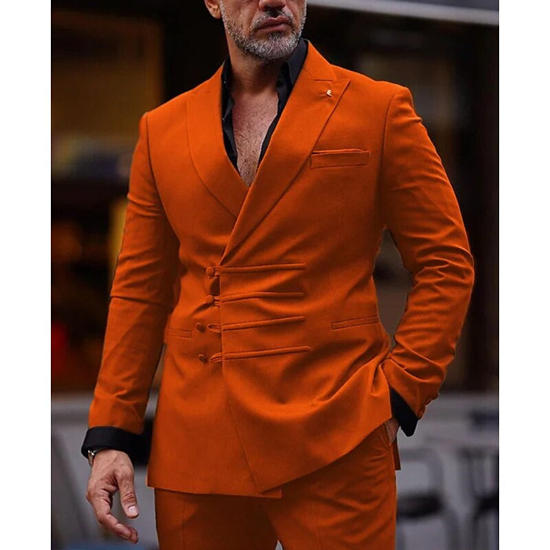 Men's Tailored Fit Double Breasted Six-buttons Solid Coloured 2 Piece Prom Wedding Suits