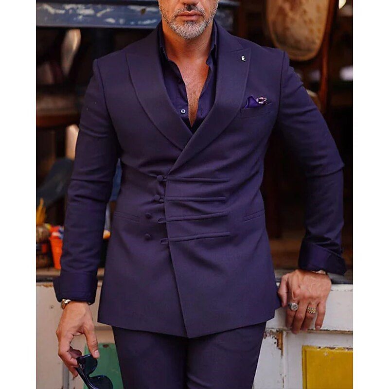 Men's Tailored Fit Double Breasted Six-buttons Solid Coloured 2 Piece Prom Wedding Suits