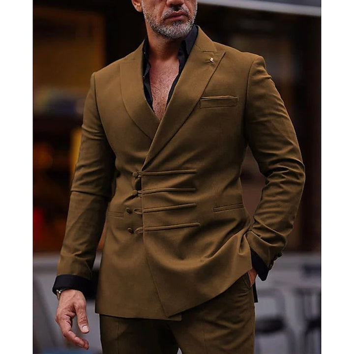 Men's Tailored Fit Double Breasted Six-buttons Solid Coloured 2 Piece Prom Wedding Suits