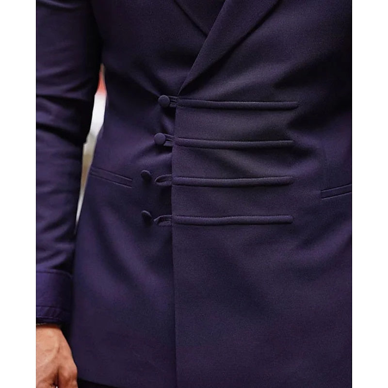 Men's Tailored Fit Double Breasted Six-buttons Solid Coloured 2 Piece Prom Wedding Suits