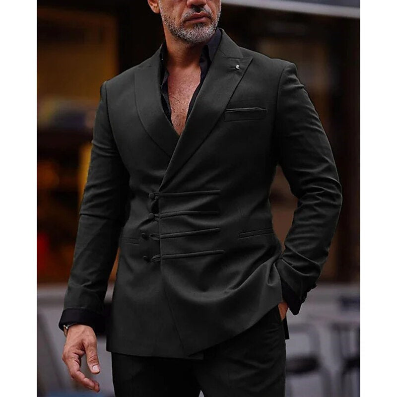 Men's Tailored Fit Double Breasted Six-buttons Solid Coloured 2 Piece Prom Wedding Suits