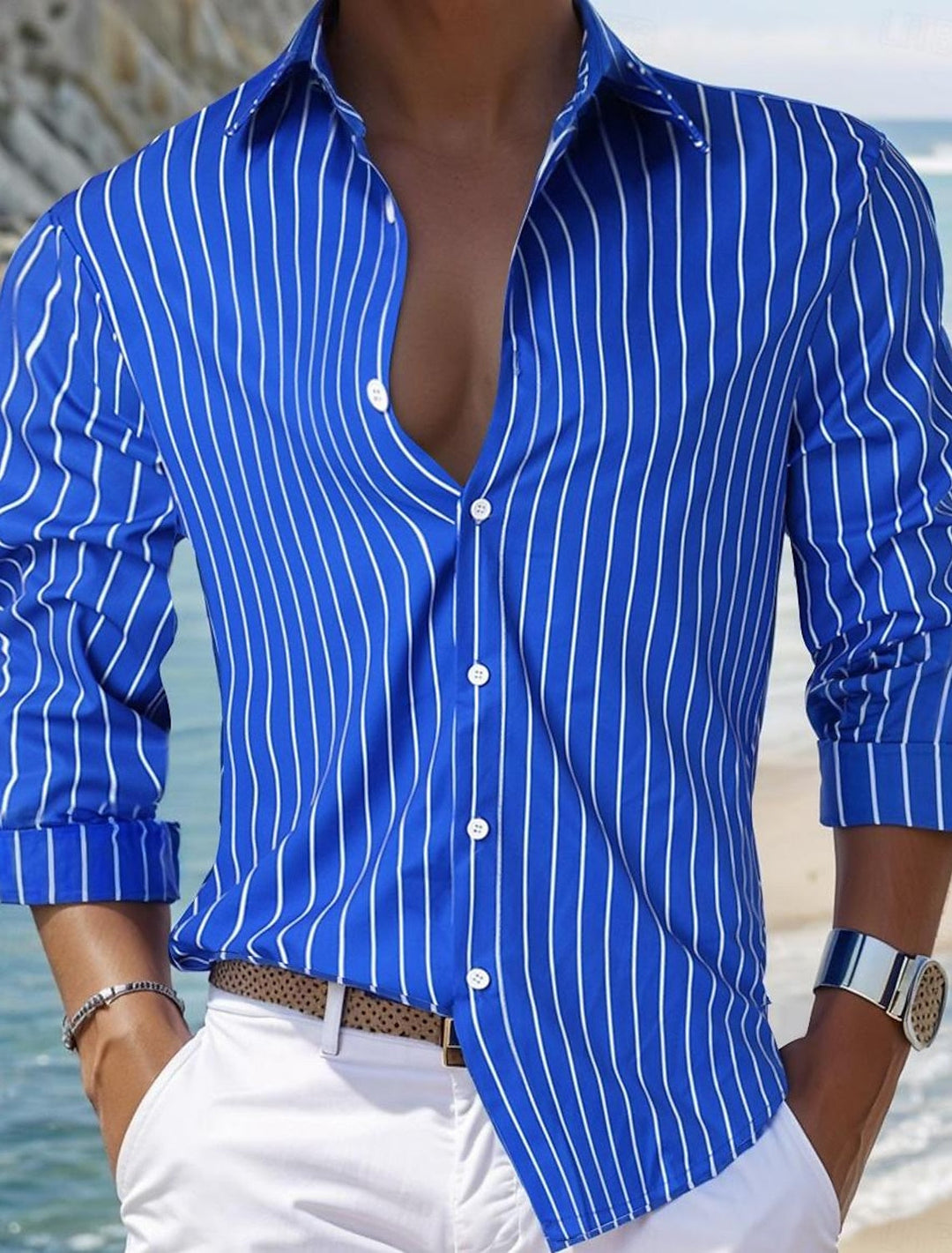 Blue Shirt Men's Standard Fit Long Sleeves Lapel Striped Cotton Blend Shirt