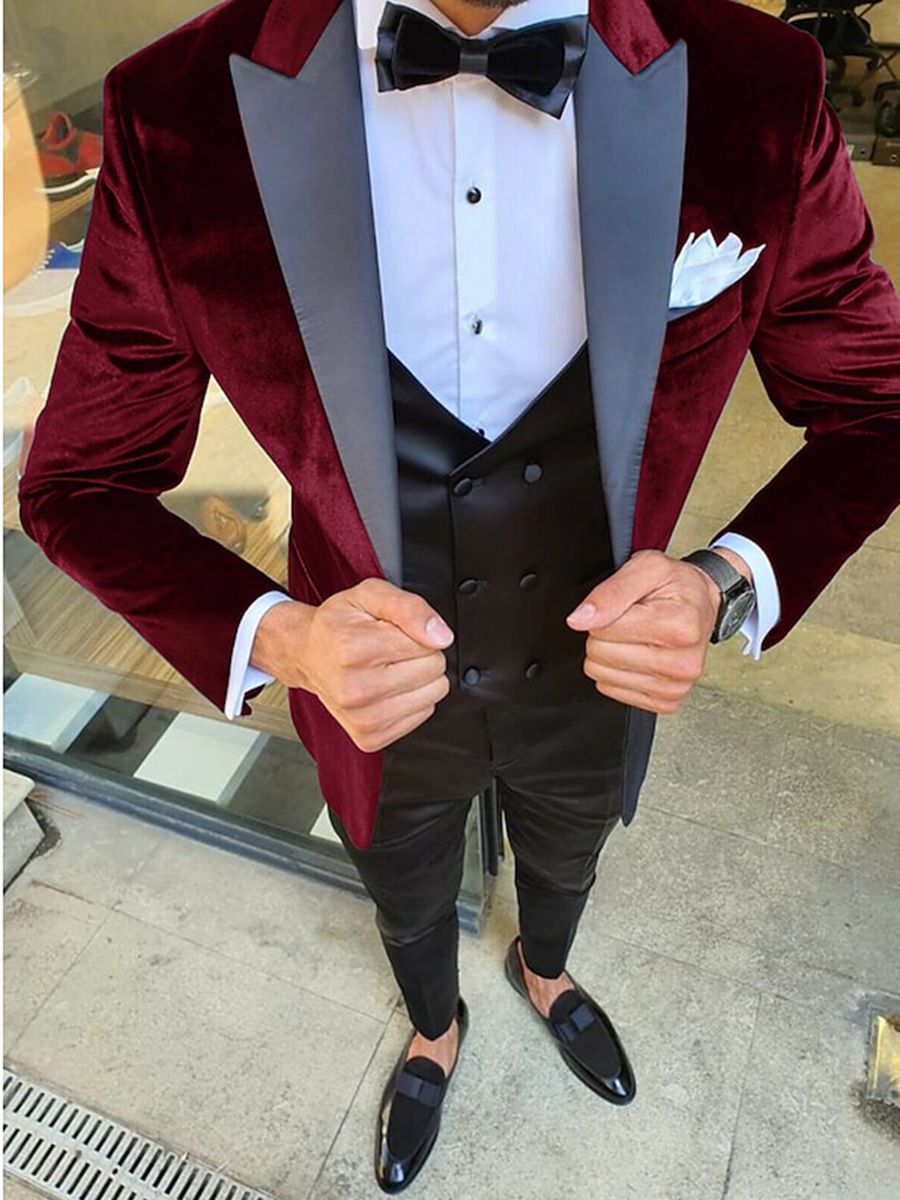 Black Blue Burgundy Men's Vintage Party Velvet Solid Regular Single Breasted One-button Jacket