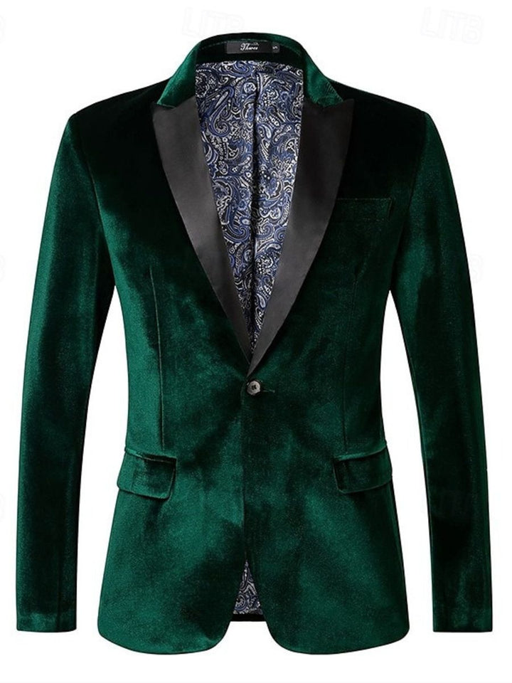 Green Men's Party Velvet Notched Neck Regular Single Breasted One-Button Blazer Jacket