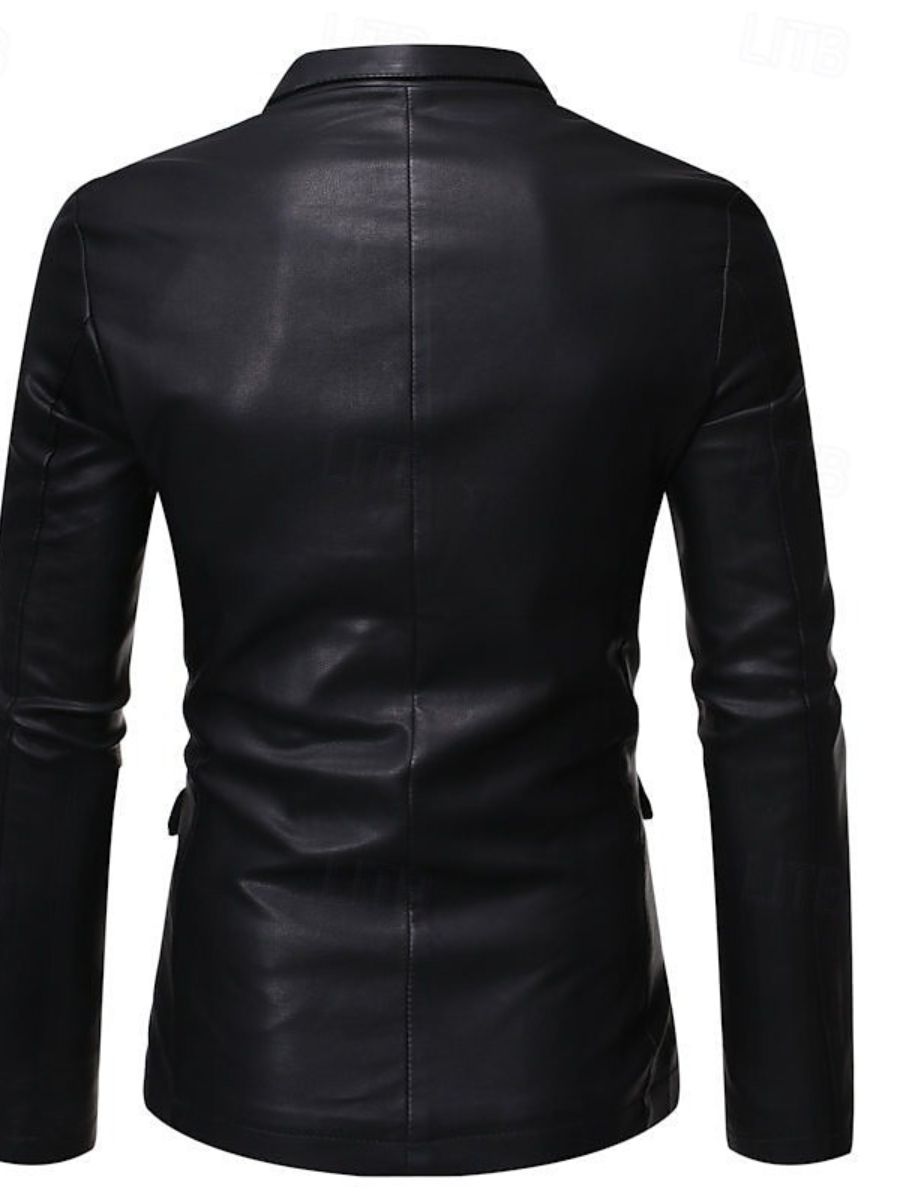 Black Men's PU Leather Blazer Office Work Solid Colour Jacket