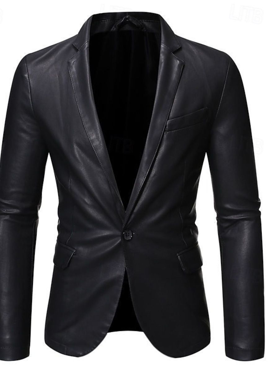 Black Men's PU Leather Blazer Office Work Solid Colour Jacket