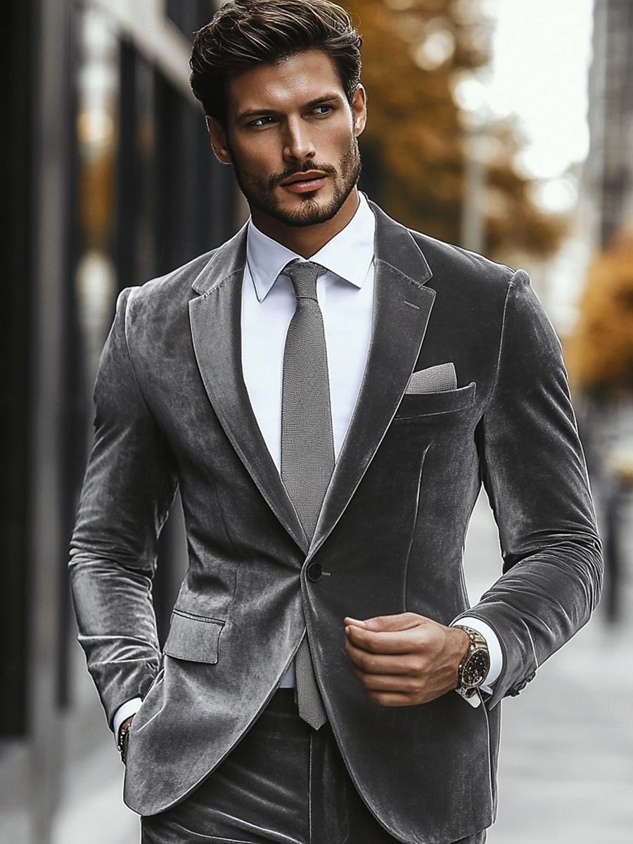 Grey Men's Velvet Single Breasted One-Button Wedding Casual Suits