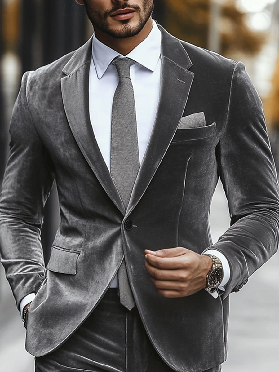 Grey Men's Velvet Single Breasted One-Button Wedding Casual Suits