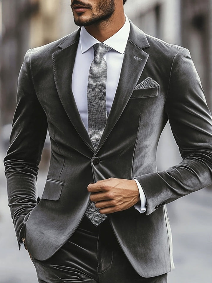 Grey Men's Velvet Single Breasted One-Button Wedding Casual Suits