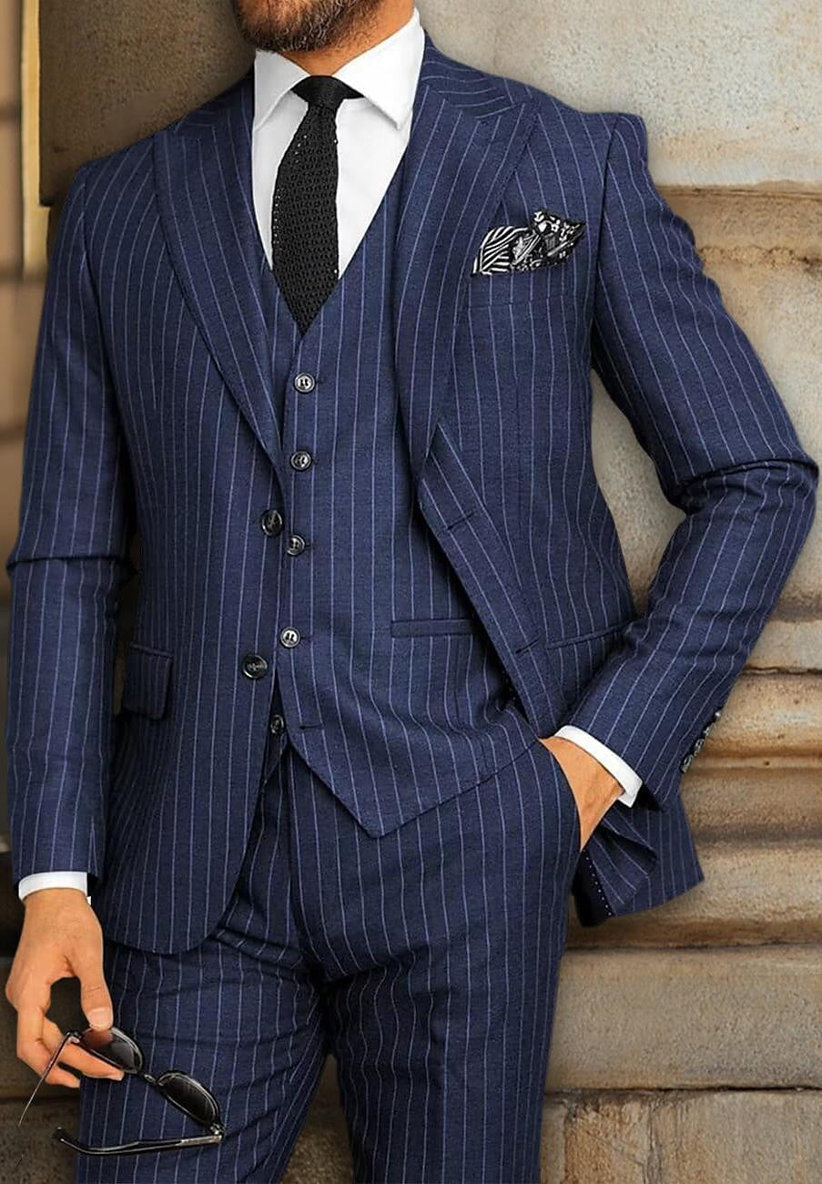 Black Men's Peak Single Breasted Two-Buttons Wedding Party Striped Suits