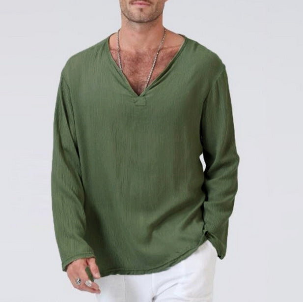 Men's Casual V-Neck Long Sleeves Solid Colour Shirt