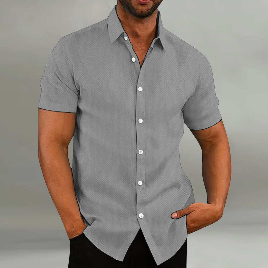 Fashion Men's Shirt Casual Breathable Lapel Solid Colour Short Sleeve Shirt