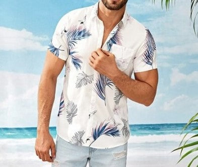 Men's Casual Short Sleeves Beach Shirt with Leaf Print