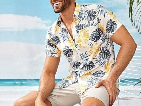 Men's Casual Short Sleeves Beach Shirt with Leaf Print