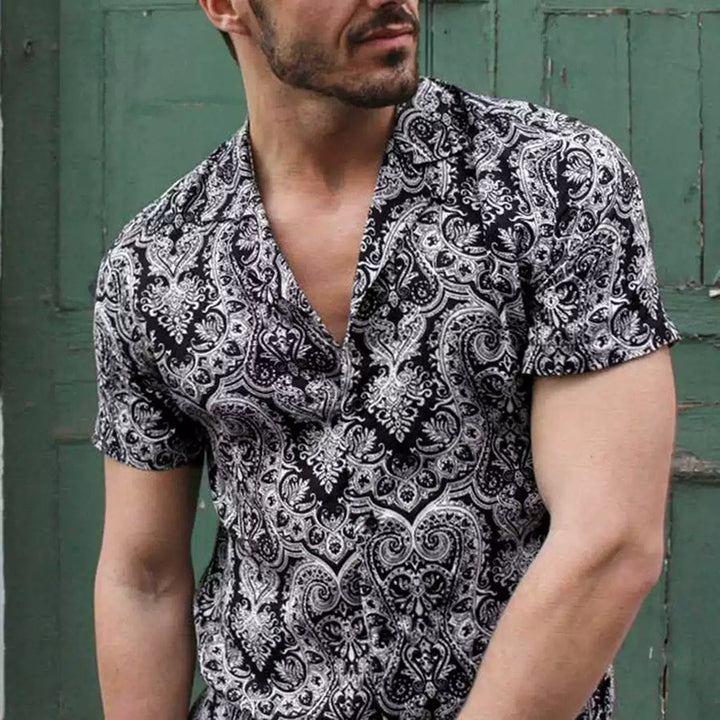 Men's Lapel Casual Short Sleeves Loose Beach Shirt with Floral