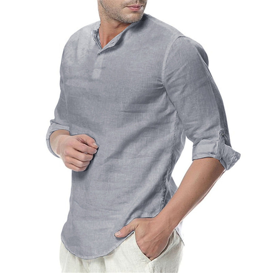 Men's Stand Collar Long Sleeves Casual Solid Colour Shirt