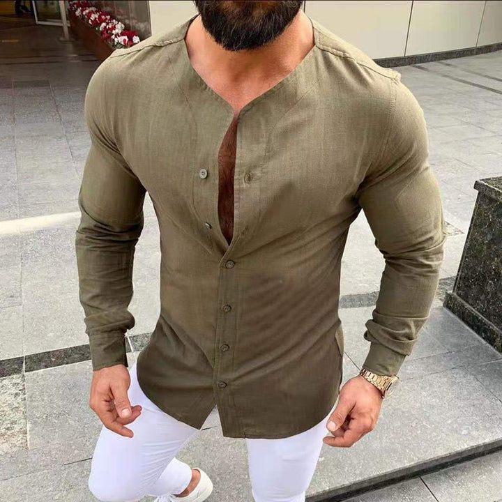 Men's Round Neck Long Sleeves Slim Fit Solid Colour Shirt