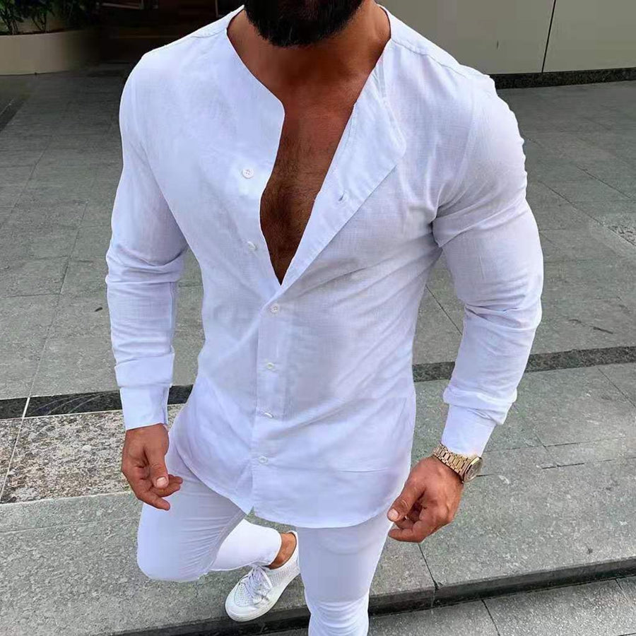 Men's Round Neck Long Sleeves Slim Fit Solid Colour Shirt