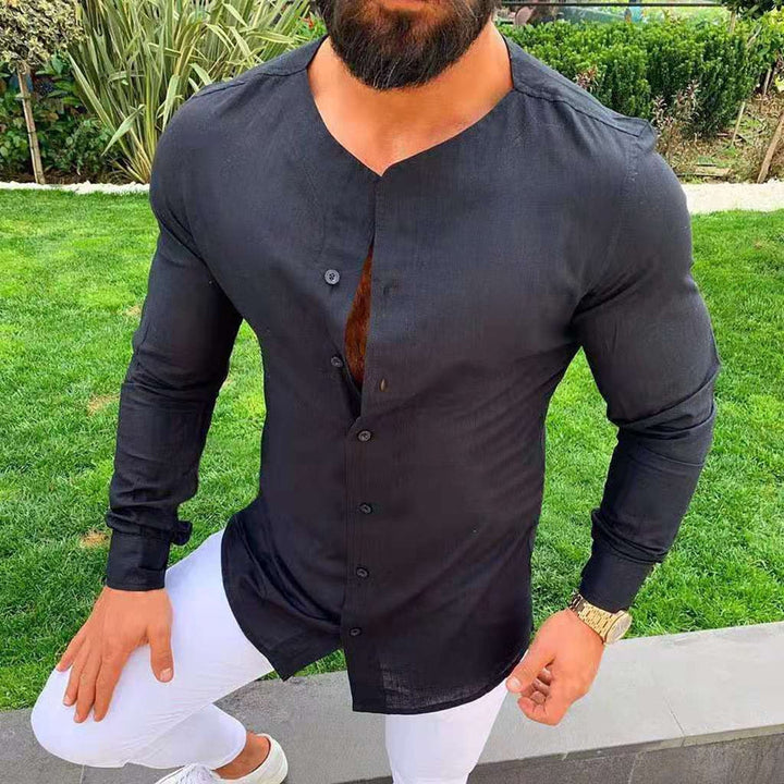 Men's Round Neck Long Sleeves Slim Fit Solid Colour Shirt