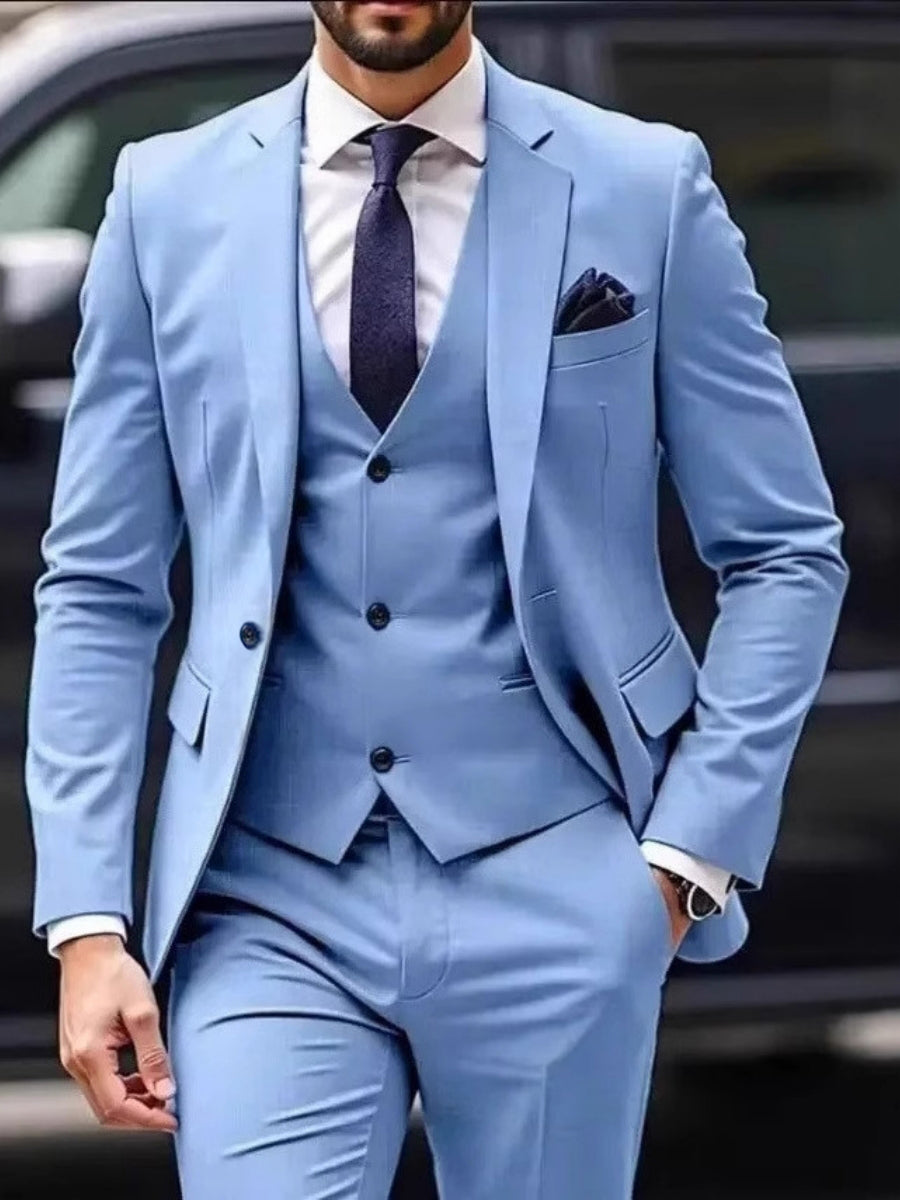 Sky Blue Men's 3 Pieces Standard Fit Single Breasted One-buttons Wedding Formal Party Suits