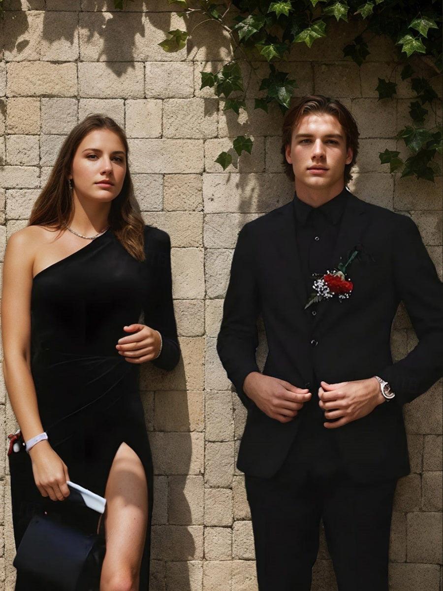 Sheath/Column One-shoulder Ruched Floor-Length Prom Dresses with High Split