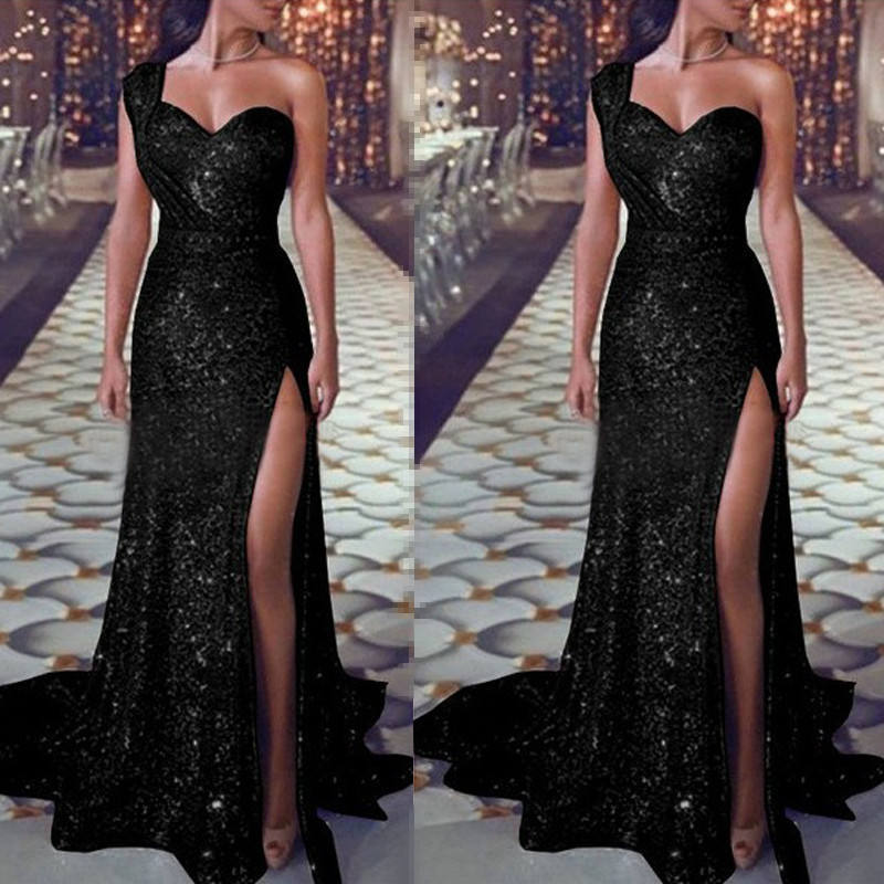 Sheath/Column One-Shoulder Floor-length Long Prom Dresses With Split Side