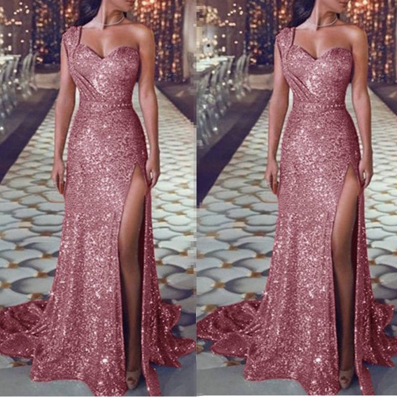 Sheath/Column One-Shoulder Floor-length Long Prom Dresses With Split Side