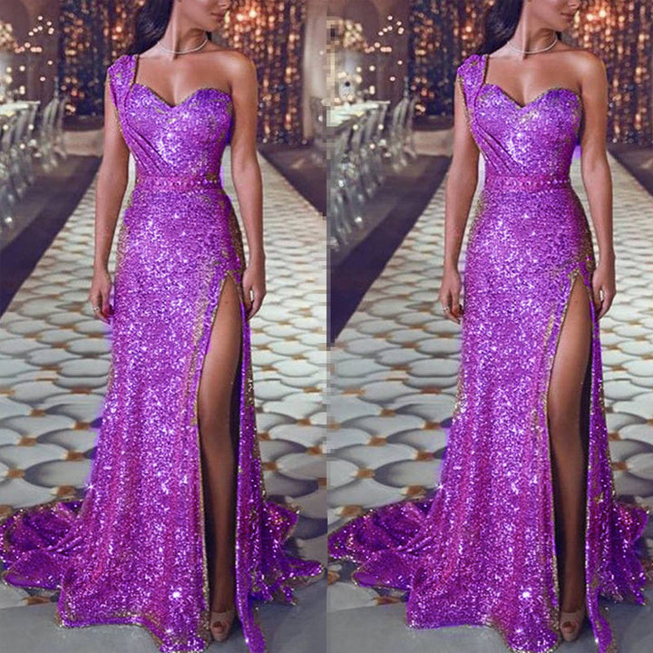 Sheath/Column One-Shoulder Floor-length Long Prom Dresses With Split Side