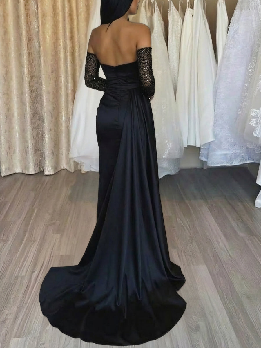 Sheath/Column Sweetheart Floor-length Long Prom Dresses With Split Side & Sequins