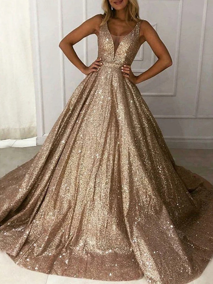 A-Line/Princess V-Neck Sleeveless Long Prom Dresses With Sequins