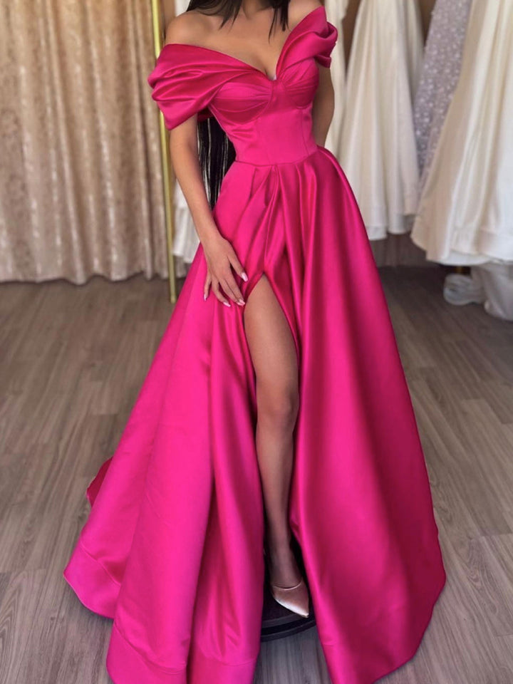 A-Line/Princess Off-the-Shoulder Long Prom Dresses With Split Side