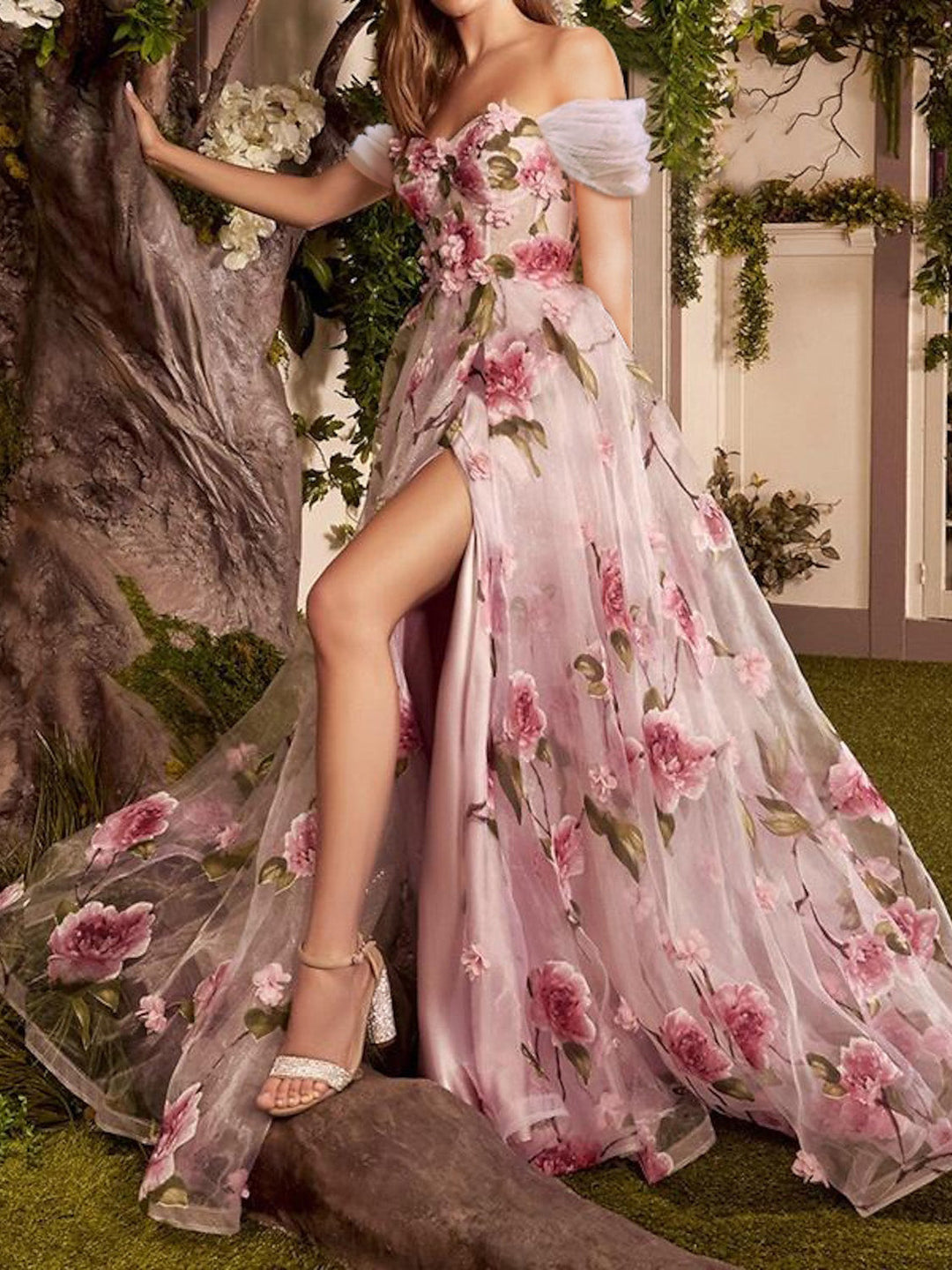 A-Line/Princess Off-the-Shoulder Long Prom Floral Dresses With Split S - Mondressy UK A-Line/Princess Off-the-Shoulder Long Prom Floral Dresses With Split S - Mondressy UK