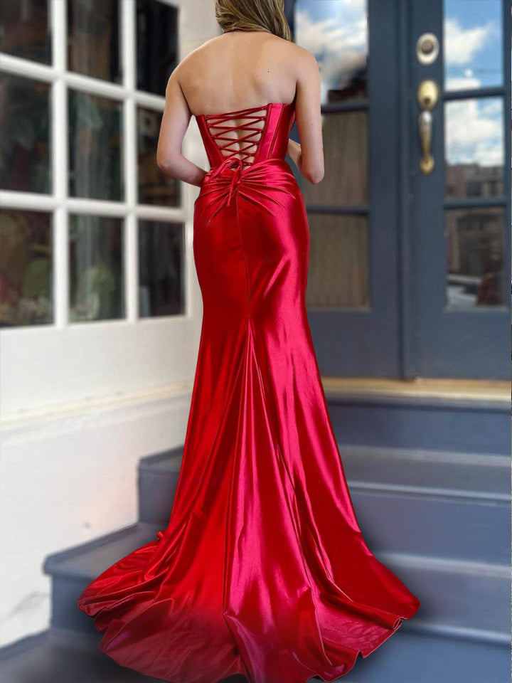 Sheath/Column Strapless Floor-length Long Dresses With Split Side