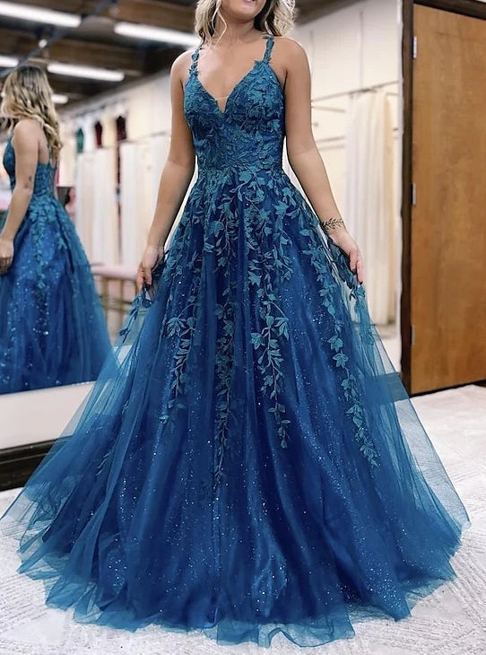 A-Line/Princess Spaghetti Straps Floor-length Long Prom Dresses