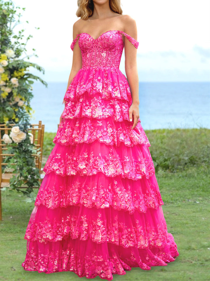 A-Line/Princess Sweetheart Off-the-Shoulder Long Prom Evening Party Floral Dresses with Sequins & Ruffles