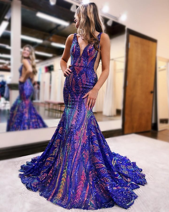 Trumpet/Mermaid V-Neck Sleeveless Floor-length Long Prom Floral Dresses with Sequins