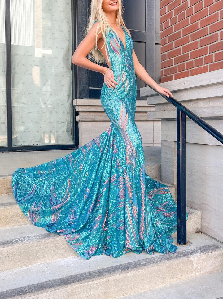 Purple Trumpet/Mermaid V-Neck Sleeveless Floor-length Long Prom Dresses with Sequins