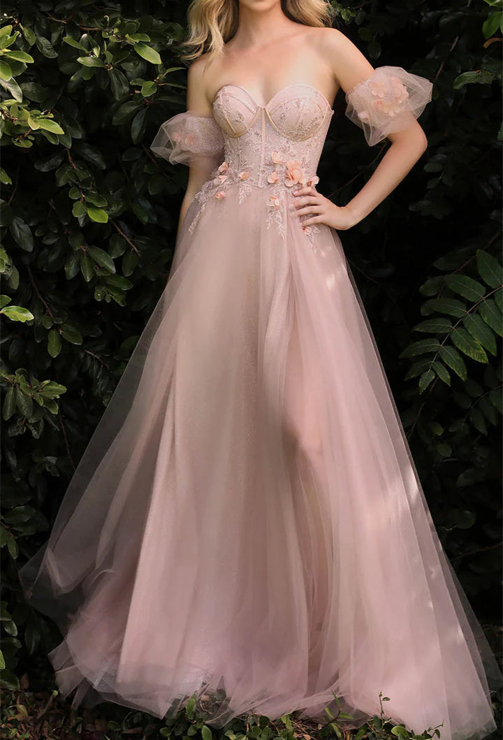 A-Line/Princess Sweetheart Short Sleeves Floor-length Long Floral Prom Dresses With Split Side