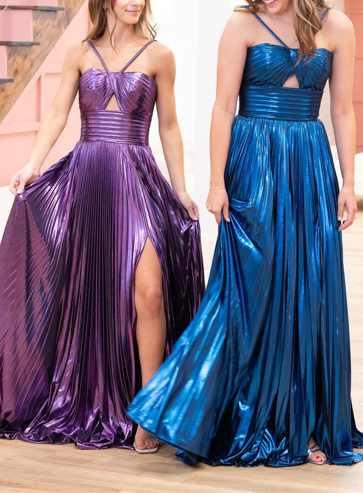 A-Line/Princess Spaghetti Straps Sleeveless Floor-length Long Formal Evening Dresses with Split Side