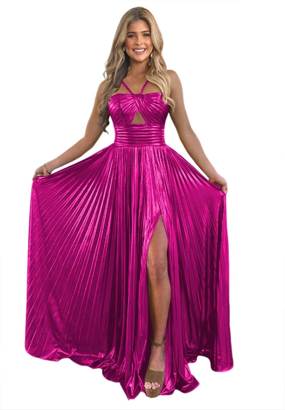 A-Line/Princess Spaghetti Straps Sleeveless Floor-length Long Formal Evening Dresses with Split Side