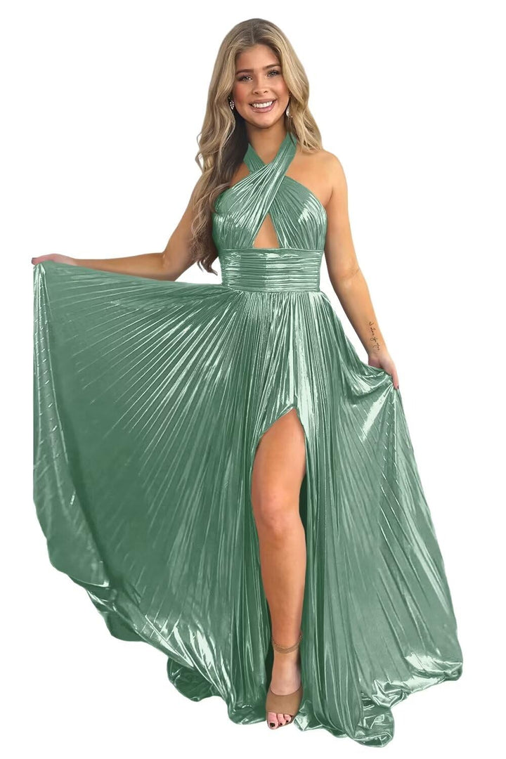 A-Line/Princess Halter Sleeveless Floor-length Long Formal Evening Dresses with Split Side