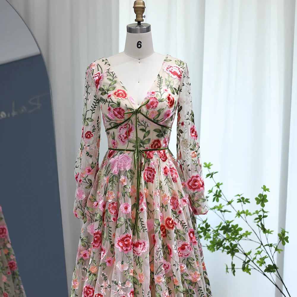 A-Line/Princess V-Neck Long Sleeves Floral Formal Party Dresses With Flowers