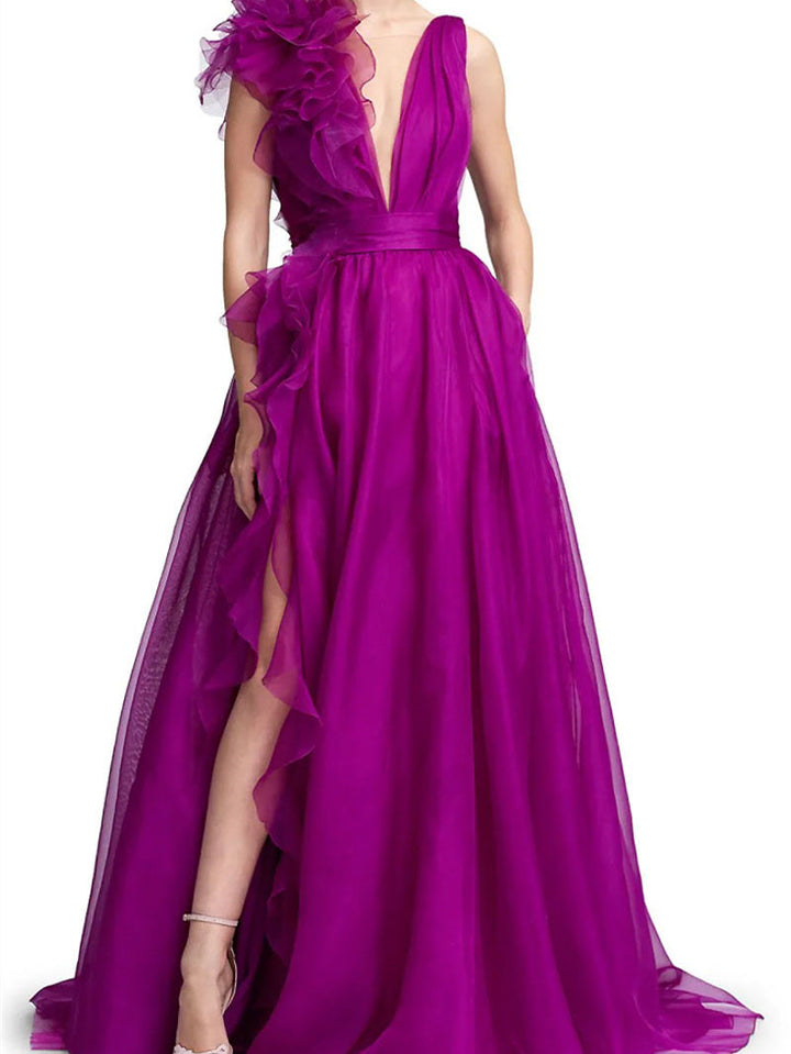 A-Line/Princess V Neck Sleeveless Floor-length Long Formal Evening Floar Dresses with Split Side